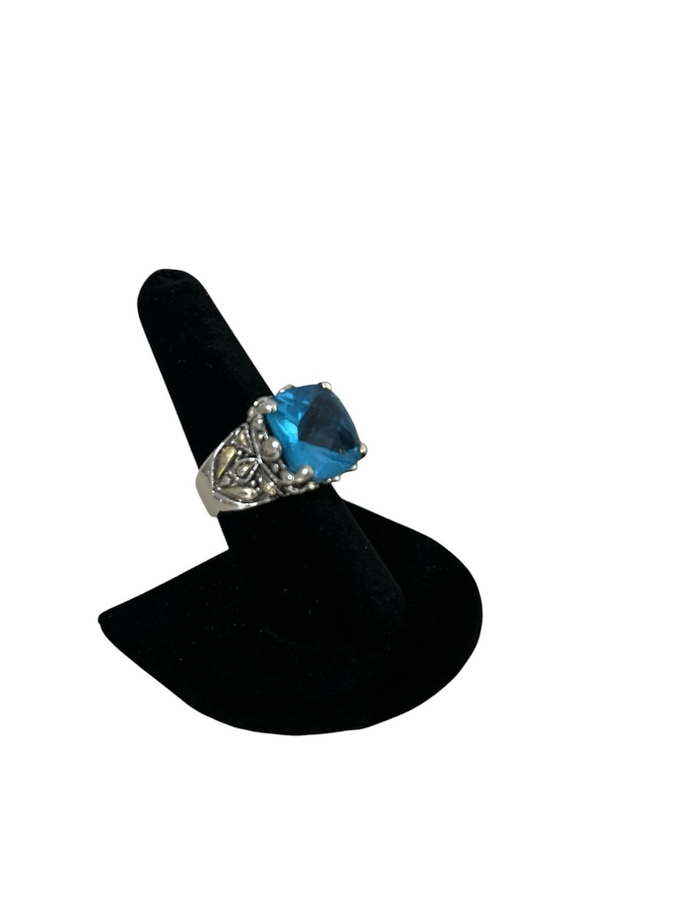Blue Cushion-Cut Stone Statement Ring - Silver Tone